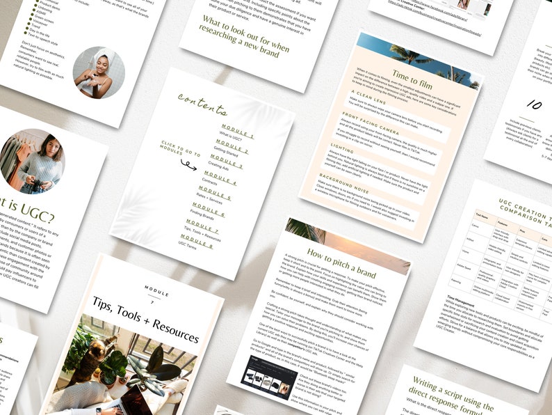 May include: A collection of printable worksheets with tips and resources for creating user-generated content (UGC) for social media. The worksheets include topics such as what UGC is, how to pitch a brand, and how to film UGC.
