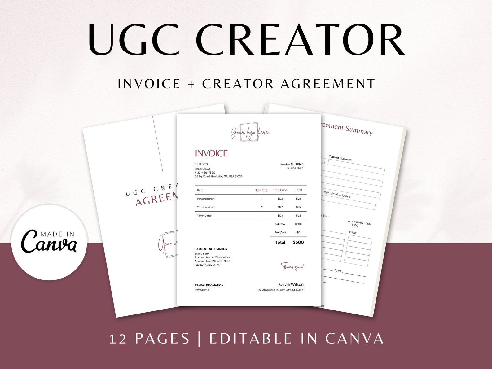UGC Creator Contract and Invoice Templates for CANVA, UGC Invoice ...