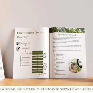May include: A white and green flowchart with the title "UGC Creation Process Flowchart" and a list of steps for creating user-generated content. The flowchart is on the left side of the page. The right side of the page has the title "Expand your creativity" and a list of different niches for creating content.
