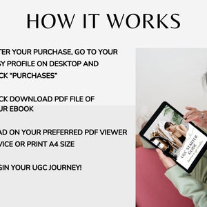May include: A woman is reading a digital guide on a tablet. The guide is titled "UGC Starter Guide" and is about creating user-generated content. The guide is open to a page with a photo of a woman.