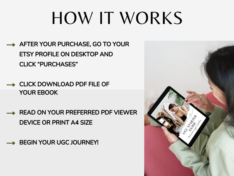 May include: A woman is reading a digital guide on a tablet. The guide is titled "UGC Starter Guide" and is about creating user-generated content. The guide is open to a page with a photo of a woman.