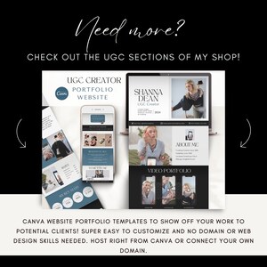 May include: A Canva website portfolio template with a black and white color scheme. The template features a video portfolio section, an about me section, and a section for rates and key stats. The text on the template reads "UGC Creator Portfolio Website", "Shanna Dean UGC Creator 2024", "About Me", and "Video Portfolio".