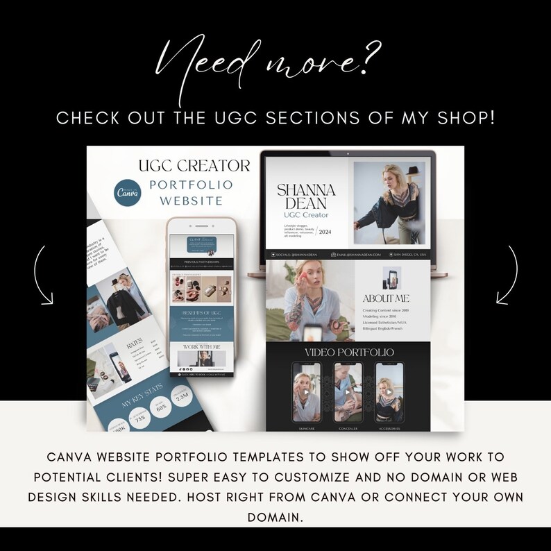 May include: A Canva website portfolio template with a black and white color scheme. The template features a video portfolio section, an about me section, and a section for rates and key stats. The text on the template reads "UGC Creator Portfolio Website", "Shanna Dean UGC Creator 2024", "About Me", and "Video Portfolio".