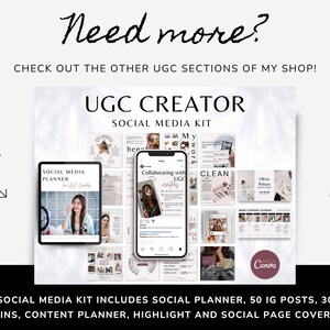 May include: A collage of social media graphics for a social media kit. The kit includes a social media planner, 50 Instagram posts, 30 pins, a content planner, highlights, and social page covers. The text "UGC Creator Social Media Kit" is at the top of the collage.