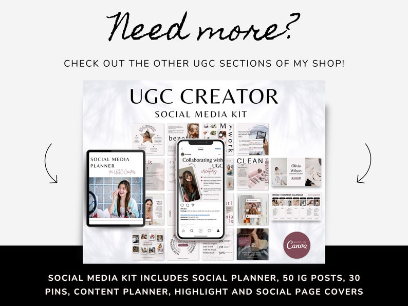 May include: A collage of social media graphics for a social media kit. The kit includes a social media planner, 50 Instagram posts, 30 pins, a content planner, highlights, and social page covers. The text "UGC Creator Social Media Kit" is at the top of the collage.