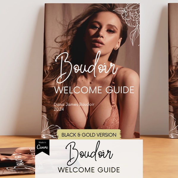 Boudoir Photography Client Welcome Guide Canva Template - Dream Shoot Planner Magazine, Brochure, Pricing List, Marketing, Black and Gold