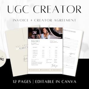 Könnte beinhalten: Eine 12-seitige, editierbare Canva-Vorlage für eine UGC-Creator-Rechnung und eine Creator-Vereinbarung. Die Vorlage verfügt über ein minimalistisches Design mit einem hellbeigen Hintergrund und schwarzem Text. Der Rechnungsbereich enthält eine Tabelle mit einer Liste der Leistungen und Preise. Der Bereich der Creator-Vereinbarung enthält ein Formular, das der Kunde ausfüllen kann.