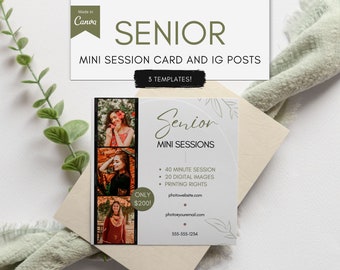Senior Photography Mini Session Canva Templates - High School or College Grad - IG Posts & Printable 5x5 Card - Photographer Marketing Flyer