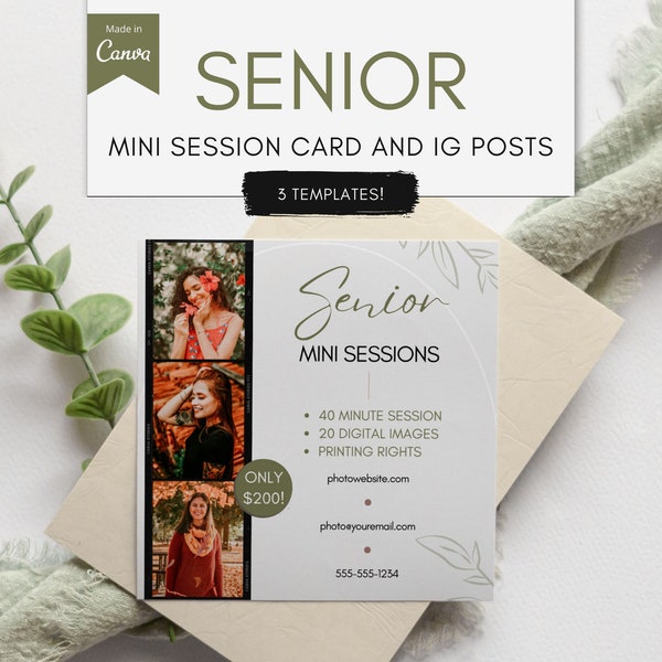 Senior Photography Mini Session Canva Templates - High School or College Grad - IG Posts and Printable 5x5 Card - Photographer Marketing