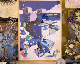 May include: A framed print of a colorful illustration depicting a cityscape with buildings in shades of purple, blue, and green. The buildings are arranged in a geometric pattern, with some buildings appearing to be stacked on top of each other. The illustration is set against a background of a cloudy sky.