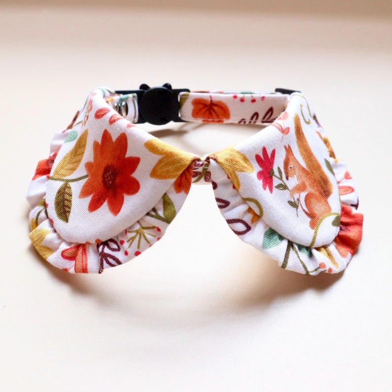 May include: A white pet collar with a fall-themed pattern featuring orange flowers, yellow leaves, and a squirrel. The collar has a black plastic buckle and a ruffled edge.
