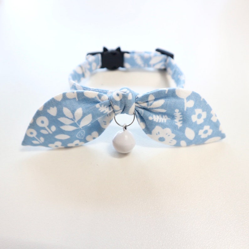 Adorable Blue Floral Bunny Ear Cat Collar with Breakaway Buckle and Bowtie Unique, Personalized Gift for Cat Lovers image 3