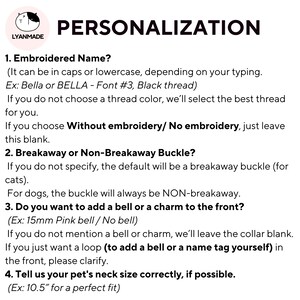 May include: A white background with the word "PERSONALIZATION" in large black letters. The text provides instructions for customizing pet collars, including embroidered names, buckle types, bell or charm options, and neck size measurements.