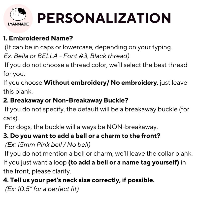 May include: A white background with the word "PERSONALIZATION" in large black letters. The text provides instructions for customizing pet collars, including embroidered names, buckle types, bell or charm options, and neck size measurements.