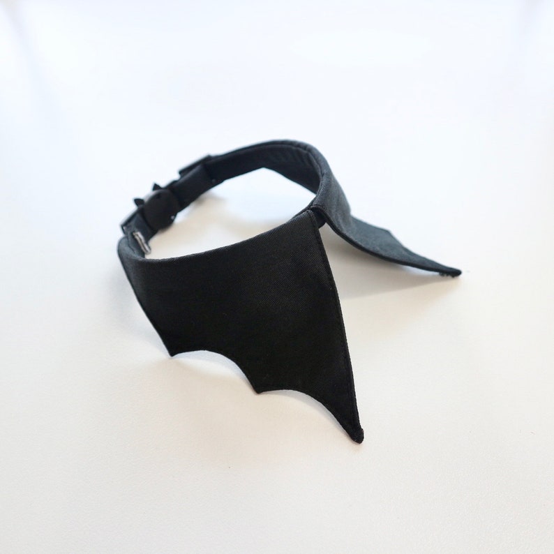 May include: A black collar with a bat wing design. The collar has a buckle closure and is made of a soft, matte fabric. The bat wing design is on the front of the collar.