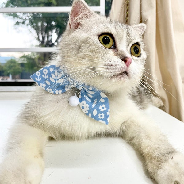 Adorable Blue Floral Bunny Ear Cat Collar with Breakaway Buckle and Bowtie | Unique, Personalized Gift for Cat Lovers