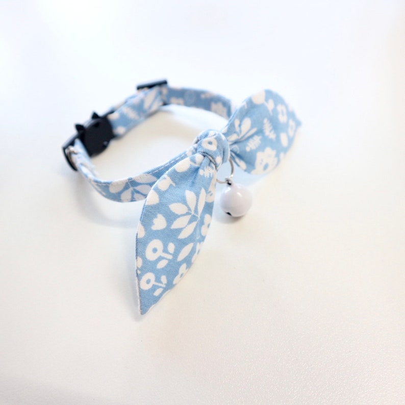 Adorable Blue Floral Bunny Ear Cat Collar with Breakaway Buckle and Bowtie Unique, Personalized Gift for Cat Lovers image 4