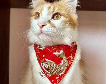 Red Carp Custom Lunar New Year Slide-On Pet Bandanas: Personalized with Your Pet's Name | Handcrafted Comfort for Dogs and Cats