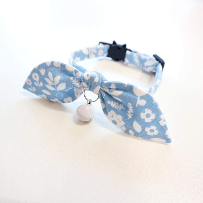 Adorable Blue Floral Bunny Ear Cat Collar with Breakaway Buckle and Bowtie Unique, Personalized Gift for Cat Lovers image 2