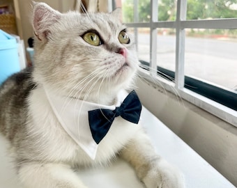 Cooles Katzenhalsband | Schlichtes weißes Hemd Katzenhalsband mit Fliege für Hochzeit ohne Glöckchen | Sicherheitshalsband mit Glocke | Einzigartiges Geschenk für Hochzeit