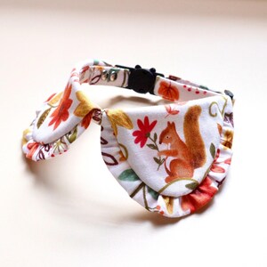 May include: A white pet collar with a colorful autumn-themed pattern. The design includes orange, red, and yellow leaves, flowers, and a squirrel holding a flower. The collar has a black plastic buckle.
