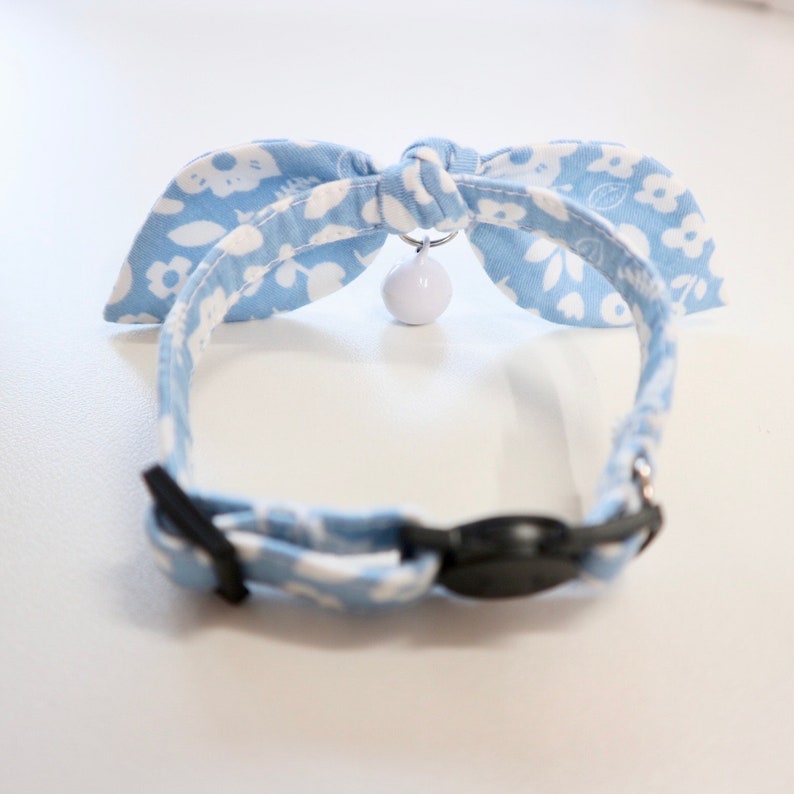 Adorable Blue Floral Bunny Ear Cat Collar with Breakaway Buckle and Bowtie Unique, Personalized Gift for Cat Lovers image 5