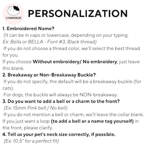 May include: Image detailing the personalization options for a pet collar. Text includes options for embroidered names, buckle type, adding a bell or charm, and neck size. The brand logo is in the top left corner.