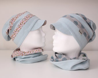 Bio Schirmbeanie Schirmmütze & Loopschal Kinder Jacquard hellblau