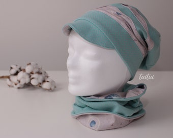 Bio Schirmbeanie Schirmmütze & Loopschal Kinder grau mint Jacquard