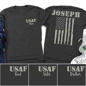 Personalized Air Force Family Shirts with Dog Tags, Custom Airman Mom Dad Sibling Tees, USAF Graduation Outfit, Military Support Gift Shirts