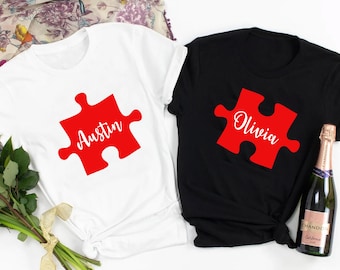 Camiseta de casal com quebra-cabeças combinando, camiseta personalizada com nome e quebra-cabeça, camiseta combinando para o Dia dos Namorados, camiseta de aniversário de casamento.