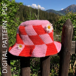 Checkerboard Crochet Bucket Hat Pattern: Square Motif (PDF Pattern)