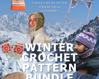 May include: A promotional image for a winter crochet pattern bundle. The image features various crocheted items, including beanies, a hood, mittens, and a tote bag. Text on the image reads "Winter Crochet Pattern Bundle" and "A collection of 6 patterns to keep you warm & cozy all winter!"