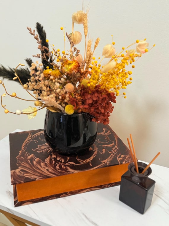 Warm Autumn colours Dried Flower with black Vase