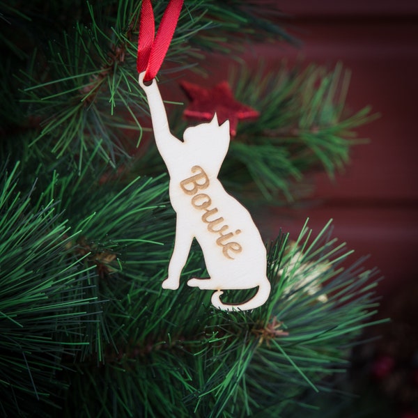 Weihnachtsbaumschmuck aus Holz personalisiert mit Namen "Katze" 12 cm | Weihnachtsdeko | Christbaum | Geschenkanhänger | Haustier