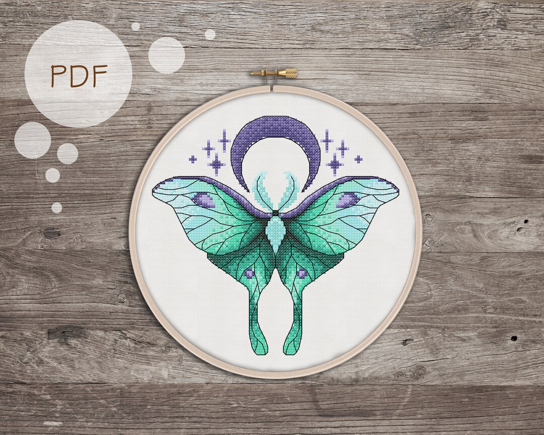 Teal Luna Moth - PDF Cross Stitch Pattern, DIY Gift, Beginner Pattern ...