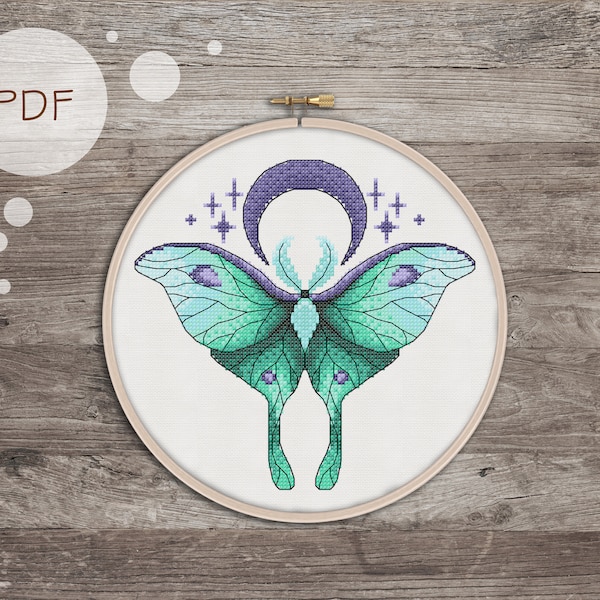 Teal Luna Moth - PDF Cross Stitch pattern, DIY gift, beginner pattern, Instant download