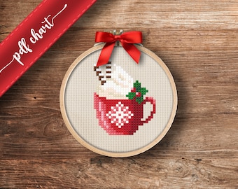 Hot Chocolate - PDF Cross Stitch patroon, DIY kerstornament, cadeau, eenvoudig patroon voor beginners, Instant download