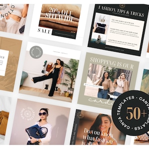 Può includere: Una collezione di oltre 50 modelli Canva per il marketing sui social media. I modelli presentano una varietà di stili, tra cui minimalista, moderno e alla moda. I modelli sono perfetti per aziende e individui che desiderano creare contenuti accattivanti e coinvolgenti sui social media. Il testo sull'immagine dice "Canva Templates - Canva Templates - 50+ - Shopping is our cardio".