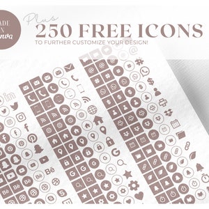 May include: A sheet of paper with various social media and communication icons in a muted brown color. Text includes "MADE IN Canva" and "Plus 250 FREE ICONS to further customize your design!"
