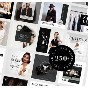 May include: A collection of 250+ editable Canva templates for social media marketing. The templates feature a black and white color scheme with a modern and minimalist design. The templates include text overlays, images, and graphics that are perfect for promoting products, services, or events.