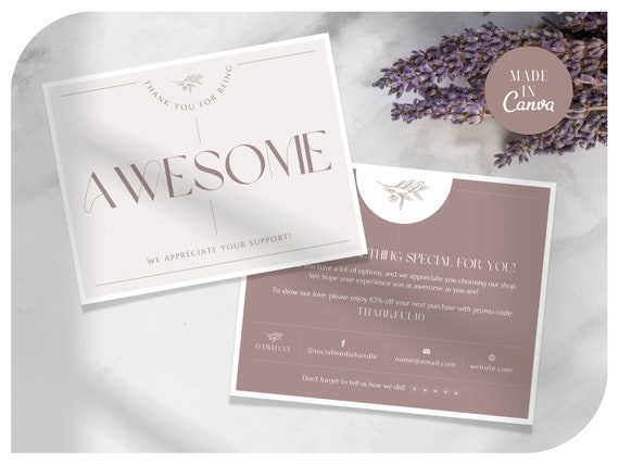 Mauve Thank You Card with Voucher | Small Business Packaging Insert | Minimalist Discount Card, Canva Template