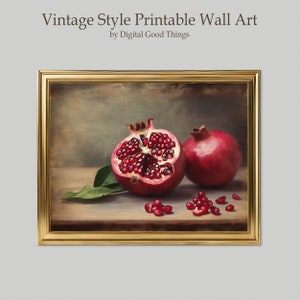 Rustic Cottage Decor: Moody Pomegranate Fruit Still Life Oil Painting Print - Vintage Style