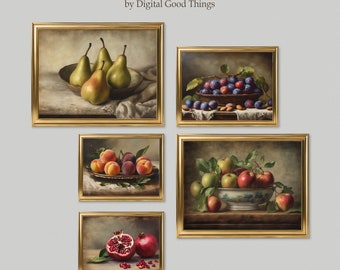 Moody Fruit Oil Painting Prints Set - Eclectic Gallery Wall Art Bundle for a Rustic Cottage Decor