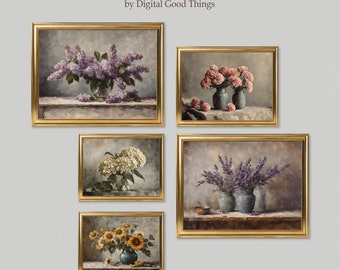 Rustic Elegance: Antique Flower Prints - Eclectic Gallery Wall Art Set with Antique Oil Painting Effect for Cottage Charm