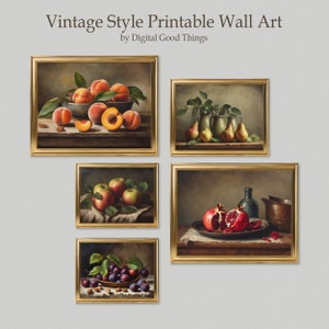 Kitchen Wall Art: Moody Fruit Oil Painting Prints Set - Antique Oil Painting Effect for a Rustic Cottage Decor