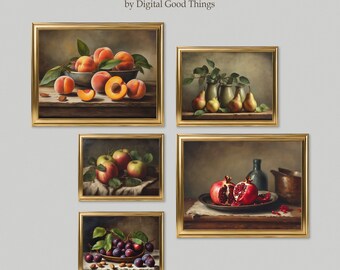 Kitchen Wall Art: Moody Fruit Oil Painting Prints Set - Antique Oil Painting Effect for a Rustic Cottage Decor