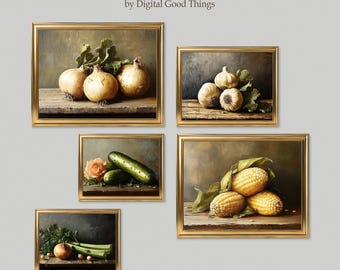 Vintage Vegetable Still Life Printable Set - Rustic and Moody Prints - Set of 5 - Home Gallery Wall Art