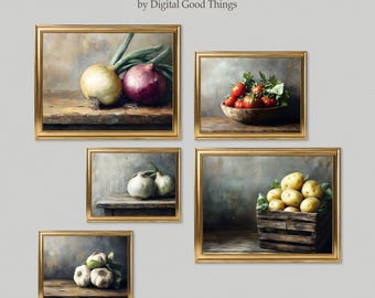 Moody Vegetables Oil Painting Prints - Set of 5 - Eclectic Gallery Wall Art Bundle for a Rustic Cottage Decor