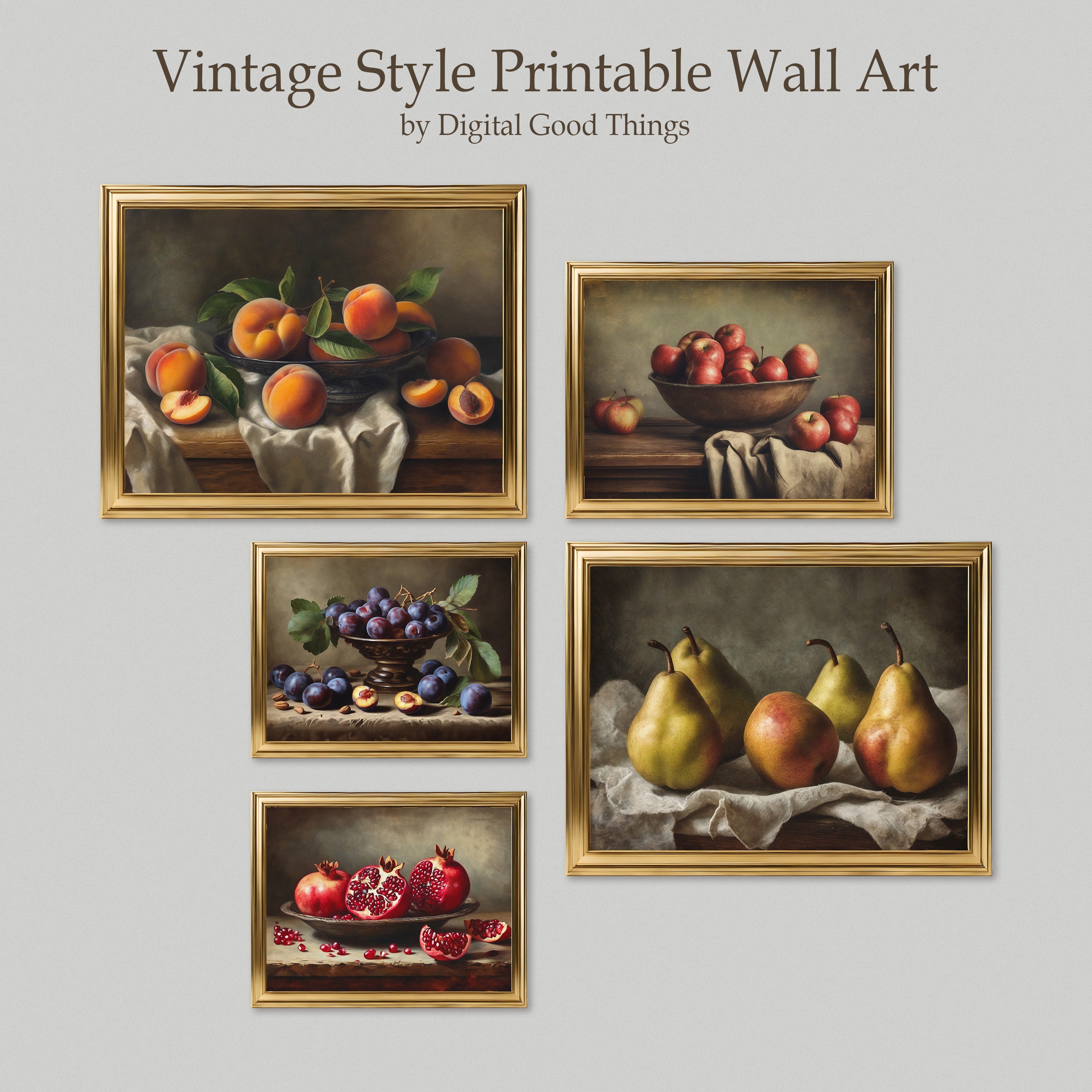 Antique Oil Painting Effect - Moody Fruit Print Set for an Eclectic Wall Gallery - Kitchen Wall Art for Rustic Cottage Decor